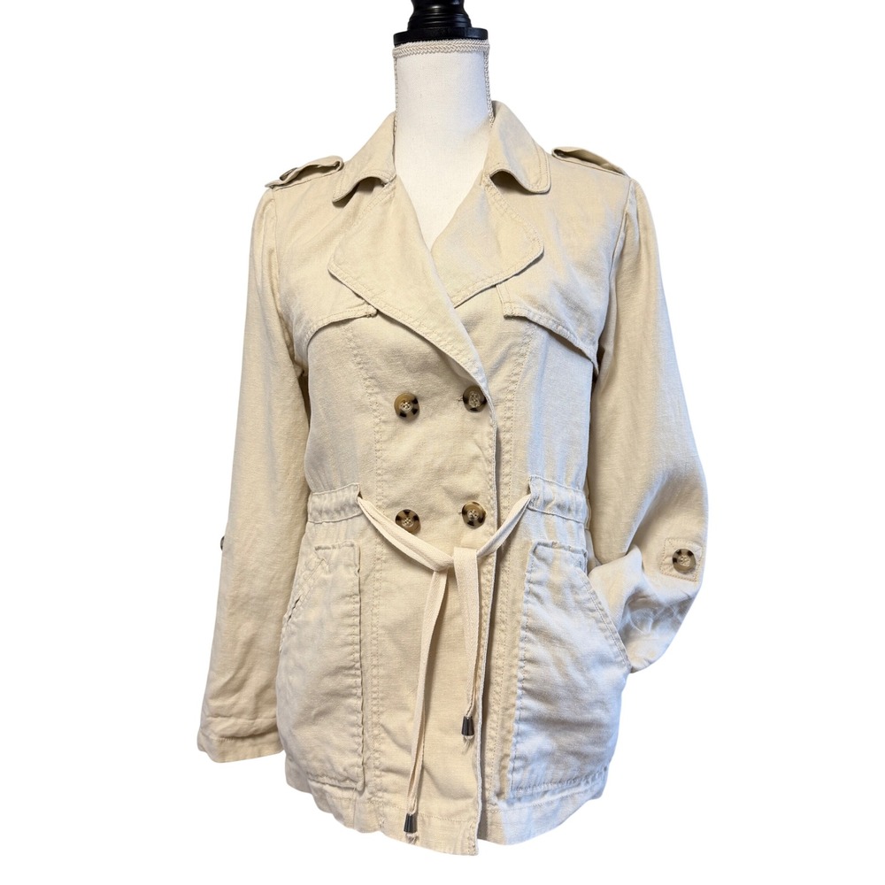 Sanctuary Linen Utility Jacket Beige Double Breasted Belted‎ XS